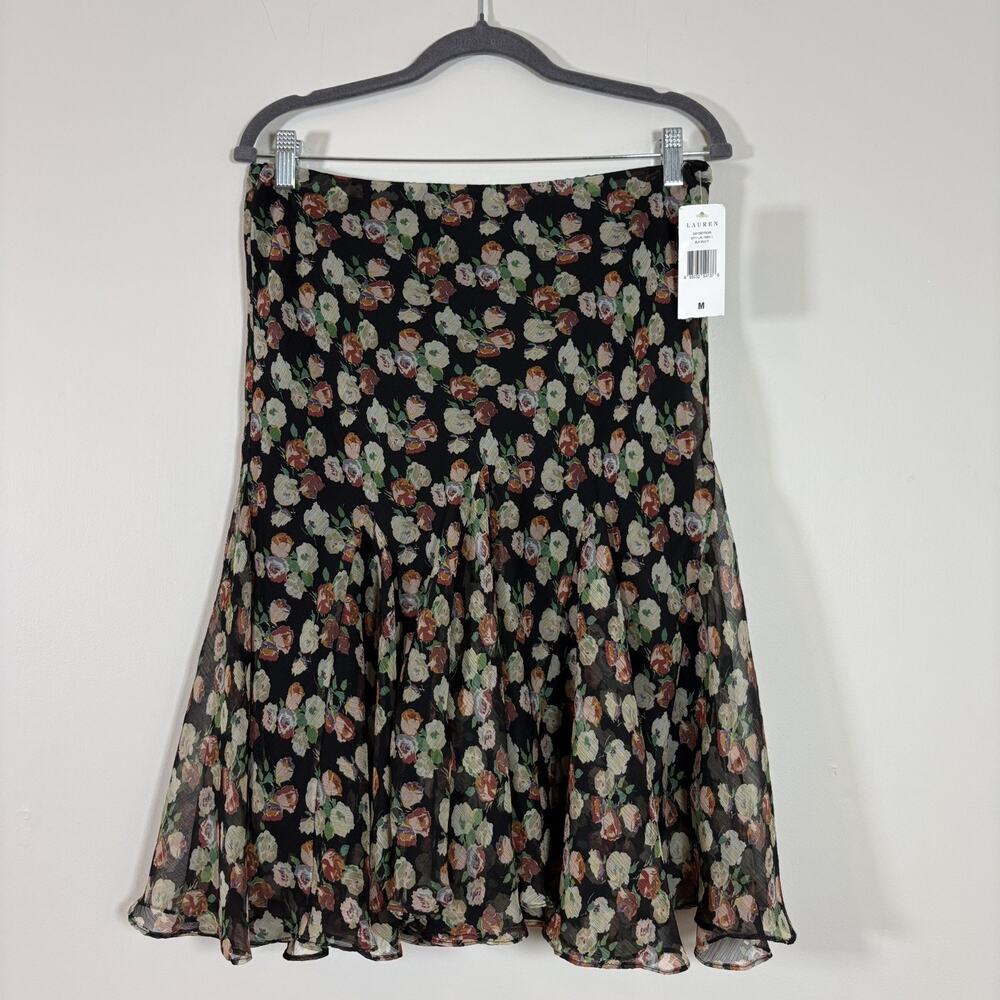 NWT Lauren Ralph Lauren Irina Black Floral Chiffon Flared Hem Skirt M